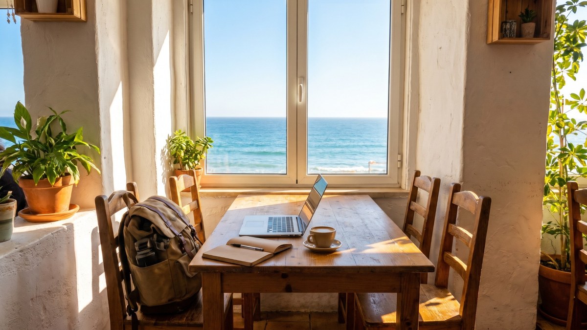 Laptop, Notizbuch und Kaffee auf einem Holztisch in einem hellen Café am Meer, ein Rucksack lehnt am Stuhl.