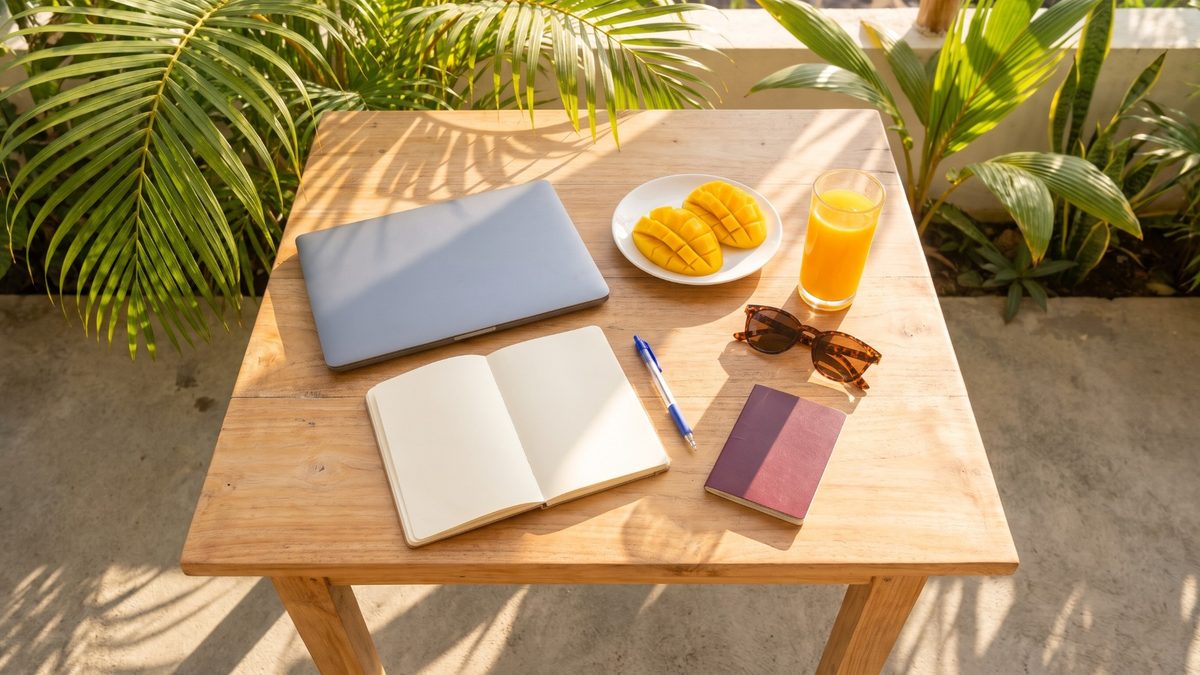 Zugeklappter Laptop, leeres Notizbuch, Stift, Reisepass, Sonnenbrille, Mango und Orangensaft auf einem Holztisch in der Sonne zwischen Palmblättern.