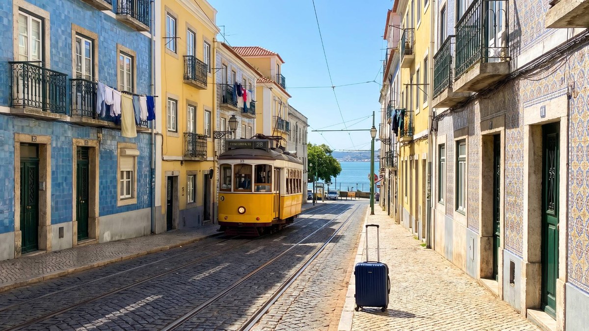 Altstadtstraße in Lissabon mit gelber Straßenbahn, blauen Kachelfassaden und einem Koffer am Gehweg, hinten der Fluss.